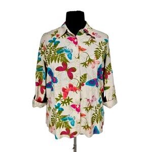 BEDFORD FAIR Womens Button Up Top Size XL Floral Lenin Blend 3/4 Sleeve 49P